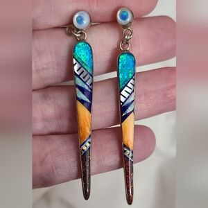 Vtg 925 Navajo SUMMER SANCHEZ opal Spiny Oyster Inlaid Earrings Sterling